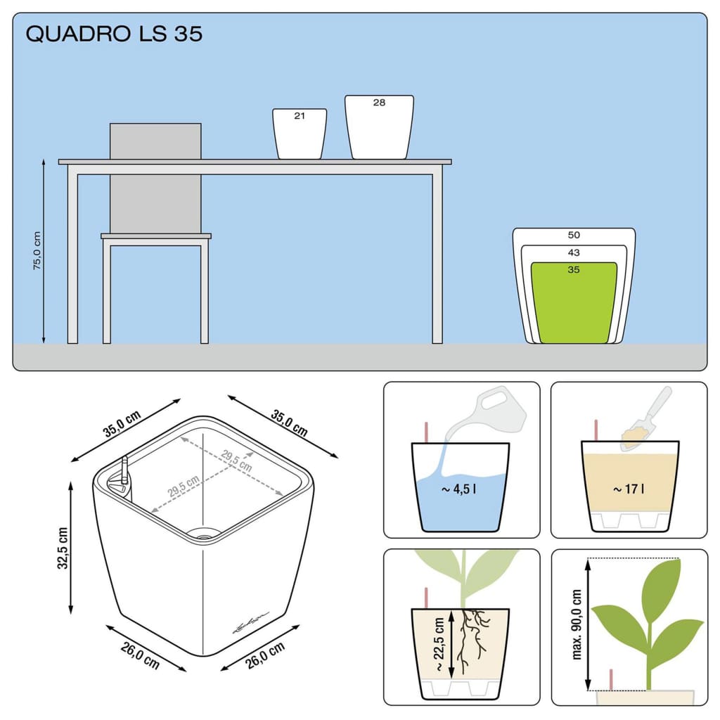 Lechuza Blumentopf Quadro 35 Ls All-In-One Kohle 16163