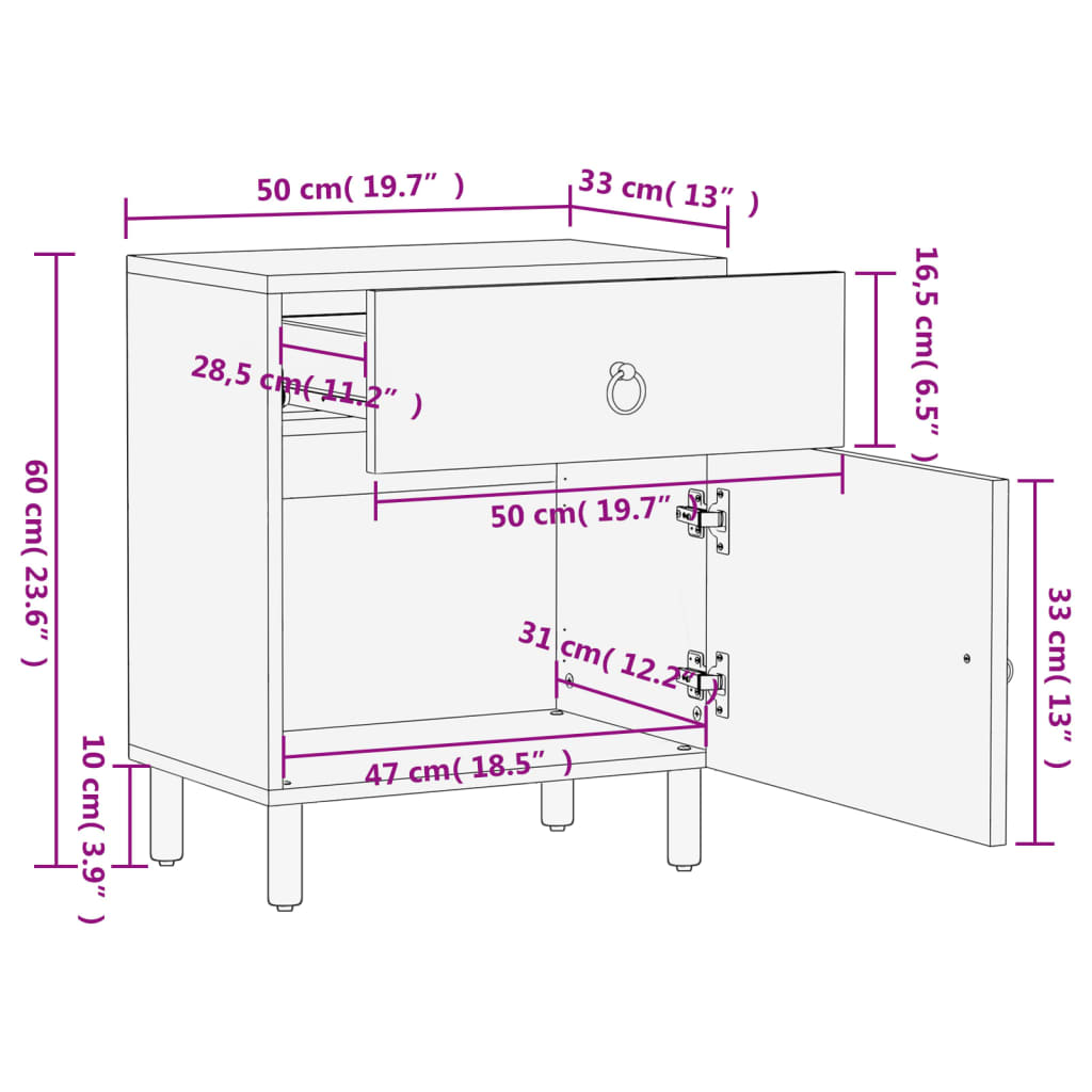 Nachttisch 50X33X60 Cm Massivholz Mango