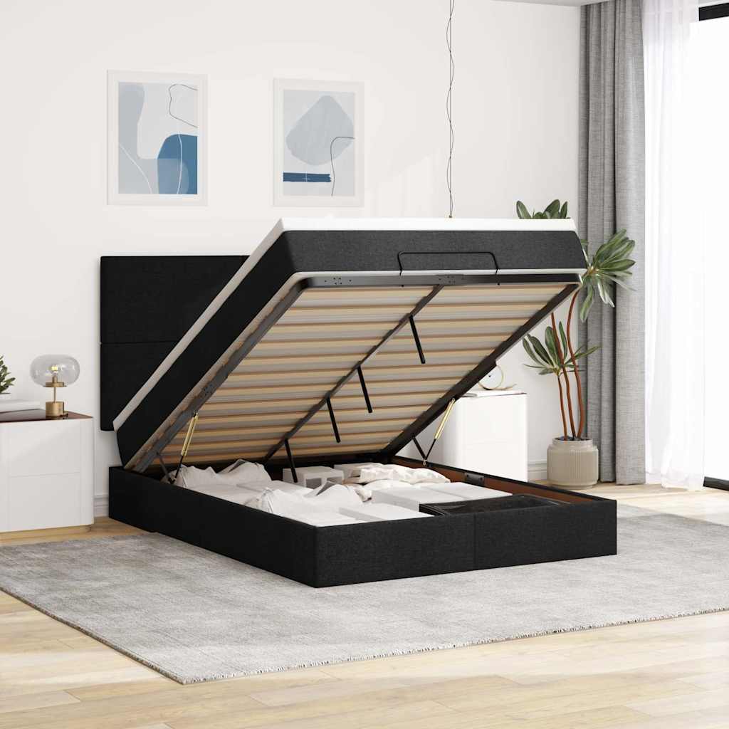 Ottoman-Bett Mit Matratze & Leds Stoff Schwarz