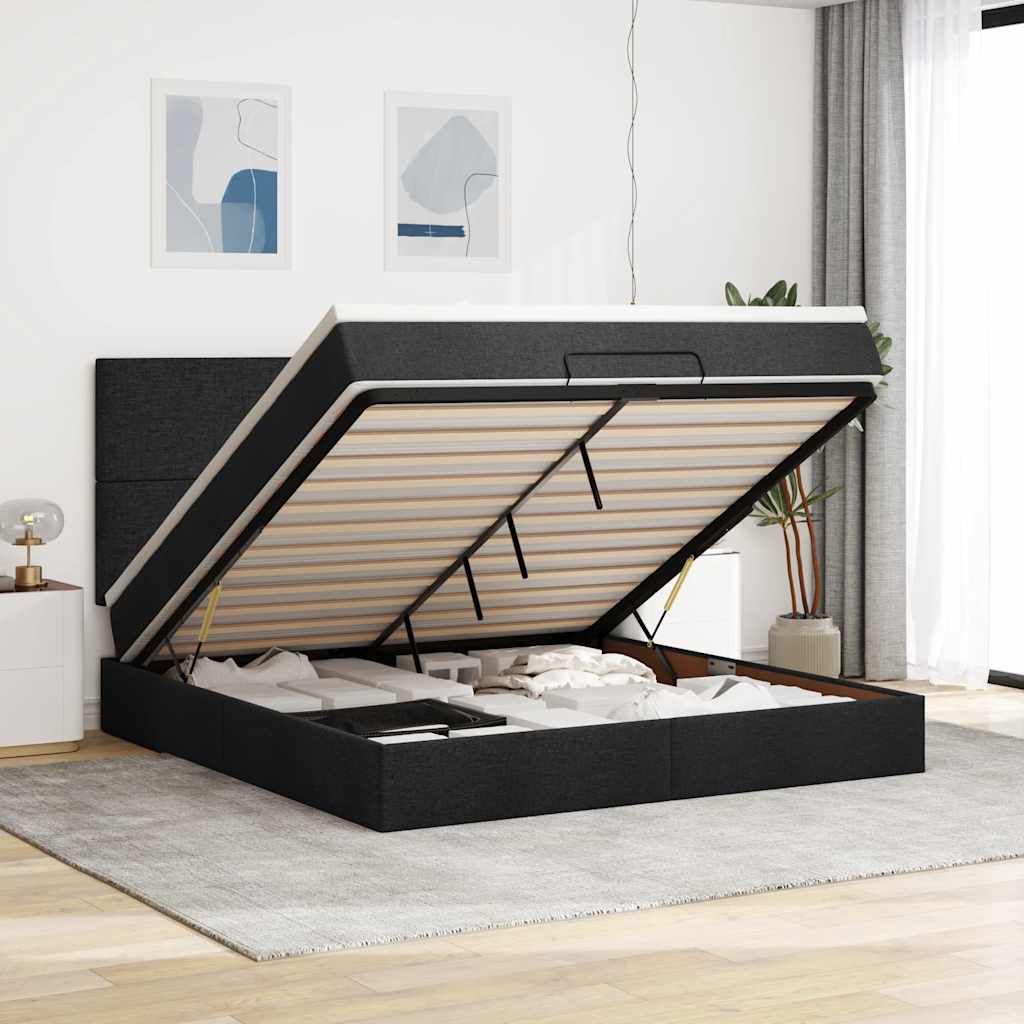 Ottoman-Bett Mit Matratze & Leds Stoff Schwarz