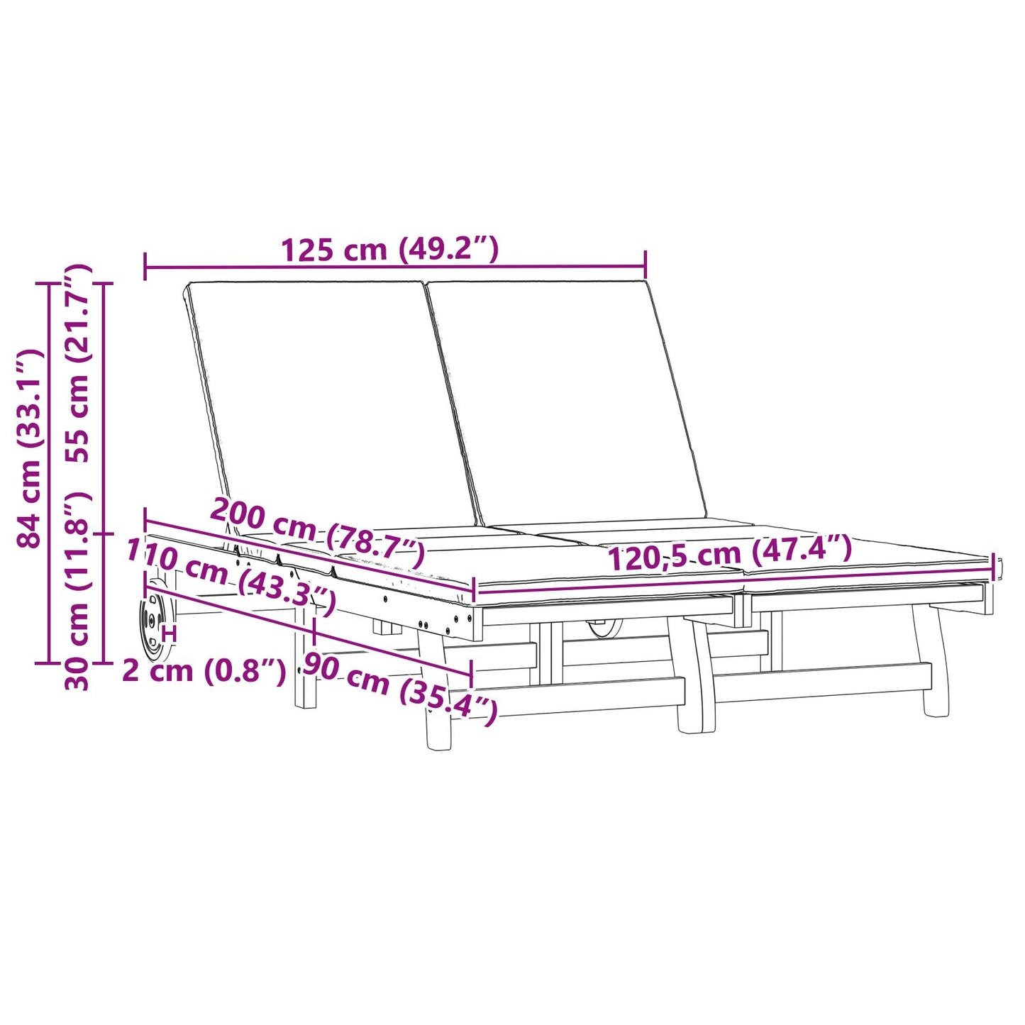 Doppel-Sonnenliege Mit Rädern Und Kissen Aus Massivem Akazienholz