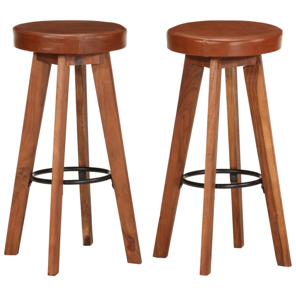 Barhocker 2 Stk. Echtleder Und Massivholz Akazie