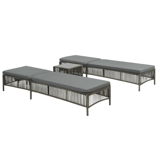 Sonnenliegen 2 Stk. Mit Tisch Poly Rattan Grau