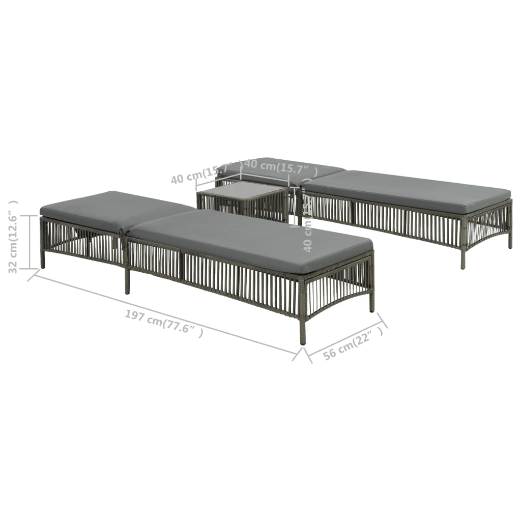 Sonnenliegen 2 Stk. Mit Tisch Poly Rattan Grau
