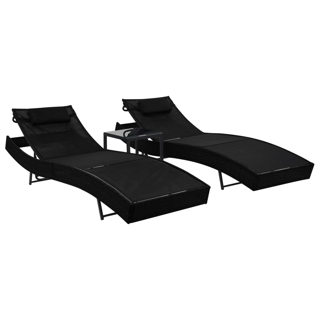 Sonnenliegen 2 Stk. Mit Tisch Poly Rattan Und Textilene Schwarz