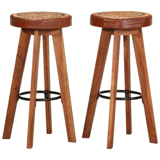 Barhocker 2 Stk. Echtleder Und Massivholz Akazie
