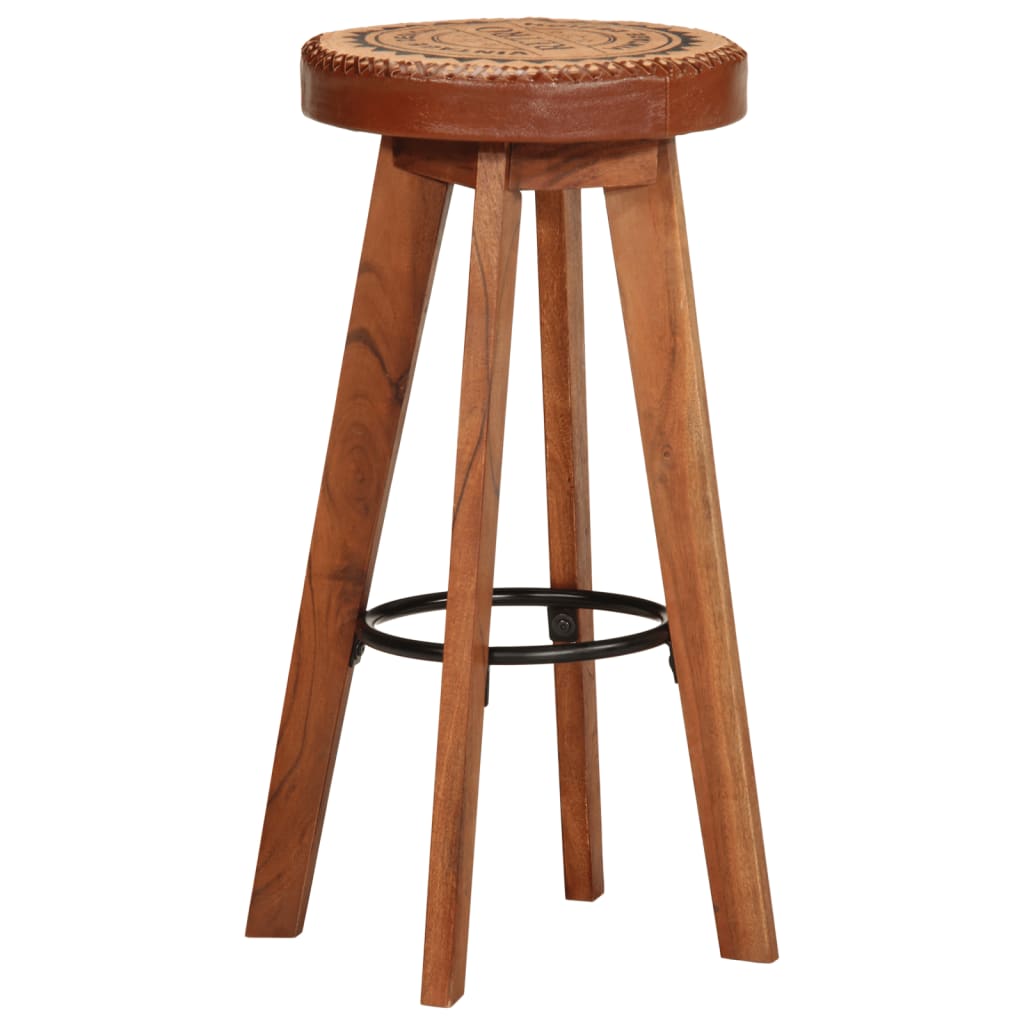 Barhocker 2 Stk. Echtleder Und Massivholz Akazie