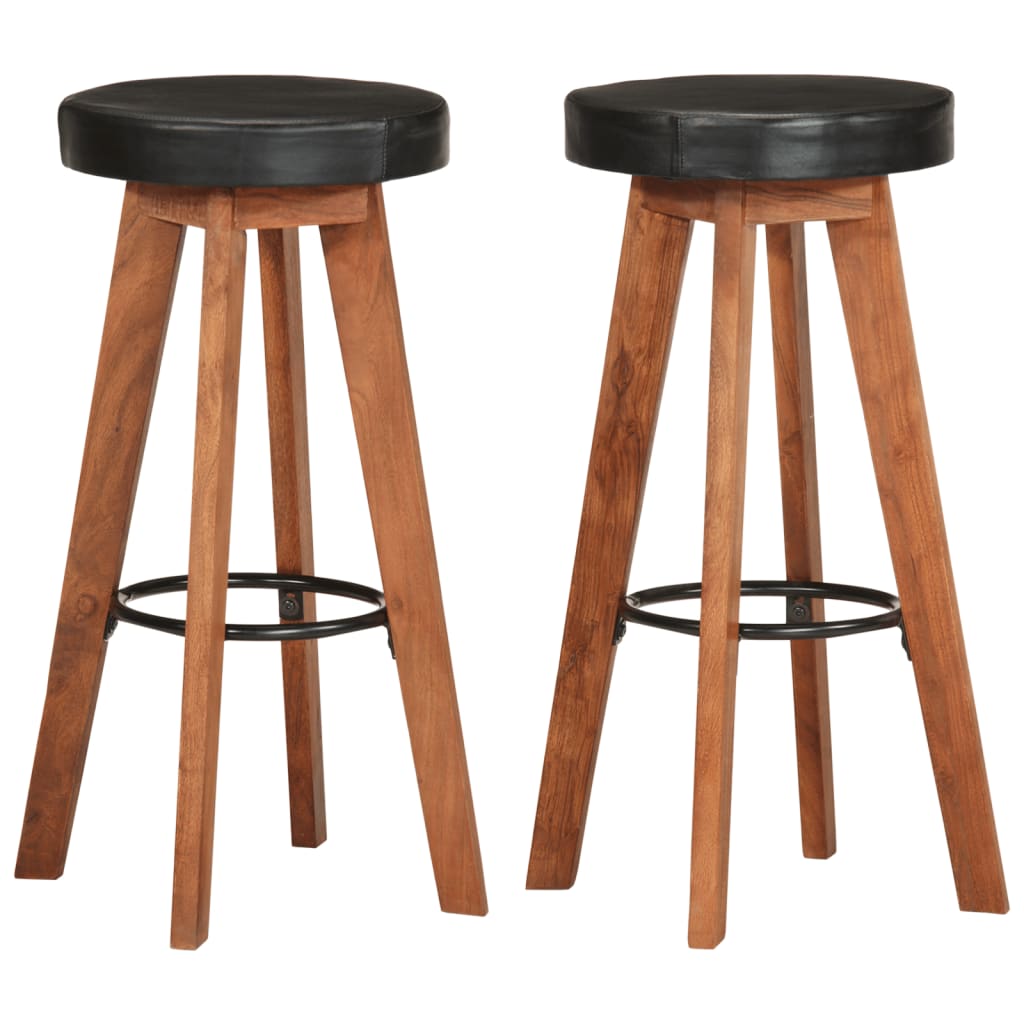 Barhocker 2 Stk. Echtleder Und Massivholz Akazie