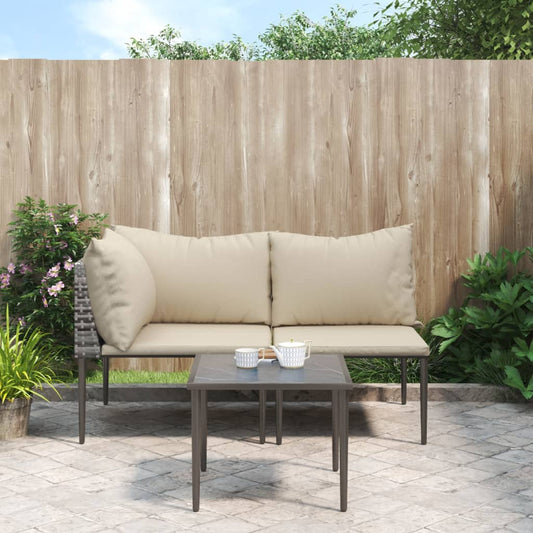 3-Tlg. Garten-Lounge-Set Mit Kissen Grau Poly Rattan