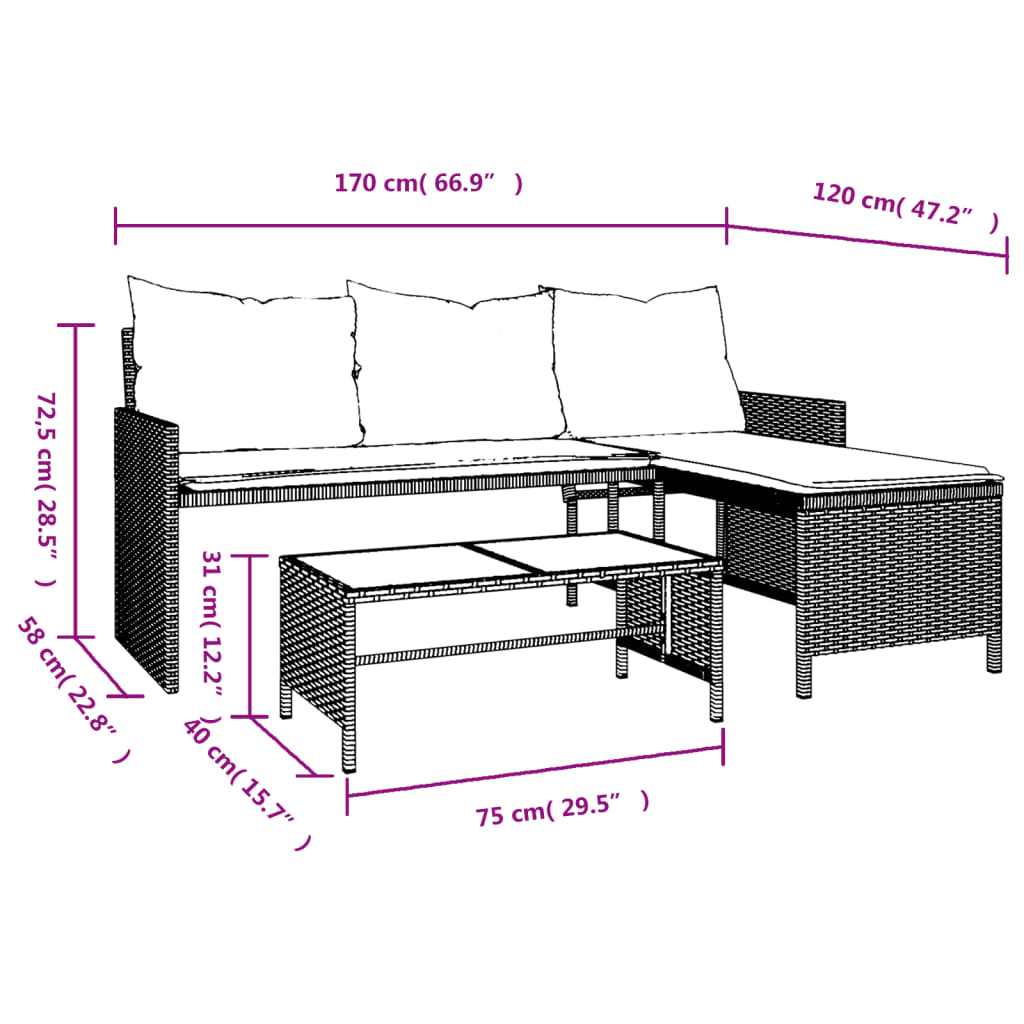 Gartensofa In L-Form Mit Tisch Und Kissen Poly Rattan