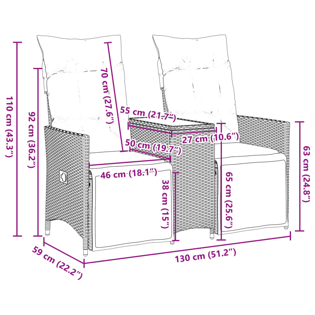 Gartensofa 2-Sitzer Verstellbar Mit Tisch Poly Rattan Braun