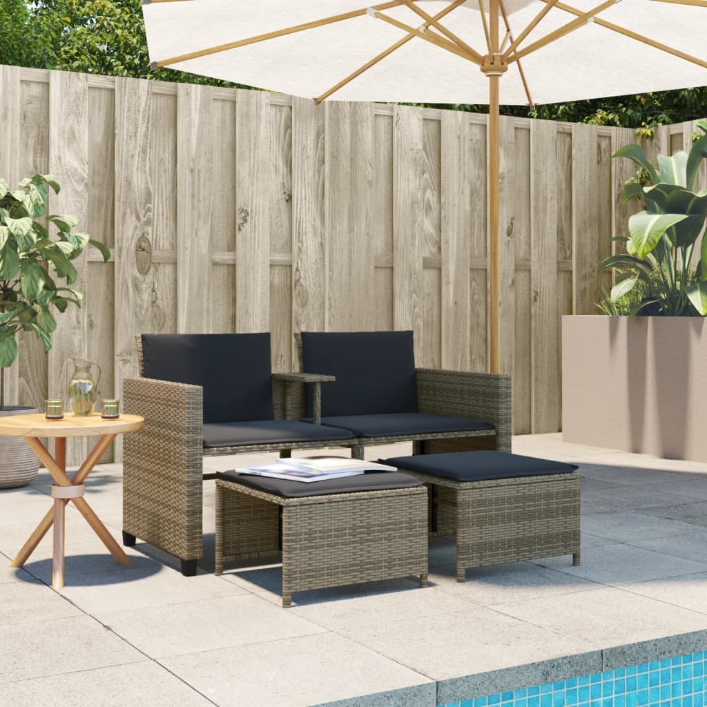 Gartensofa 2-Sitzer Mit Tisch Und Hockern Poly Rattan