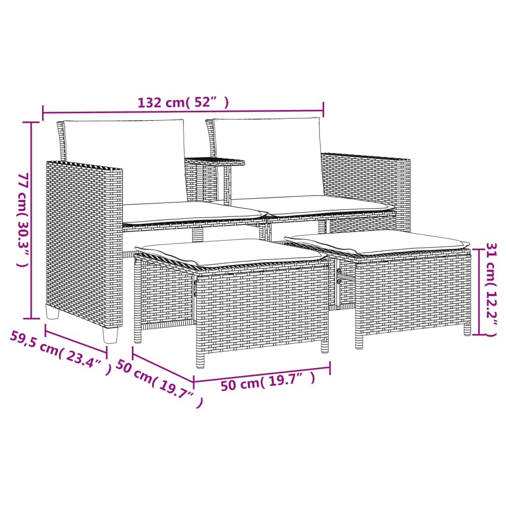 Gartensofa 2-Sitzer Mit Tisch Und Hockern Poly Rattan
