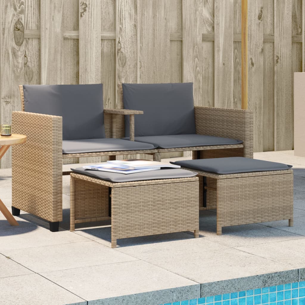 Gartensofa 2-Sitzer Mit Tisch Und Hockern Poly Rattan