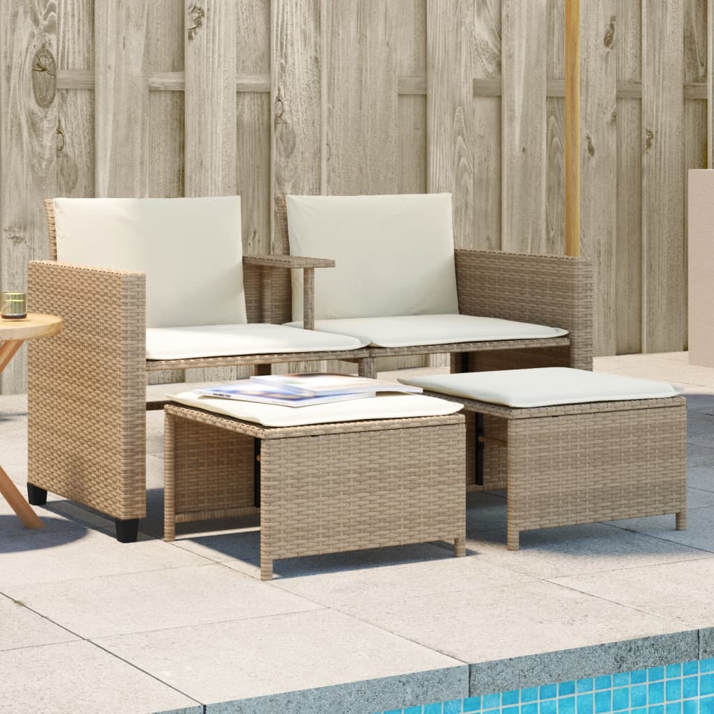Gartensofa 2-Sitzer Mit Tisch Und Hockern Poly Rattan