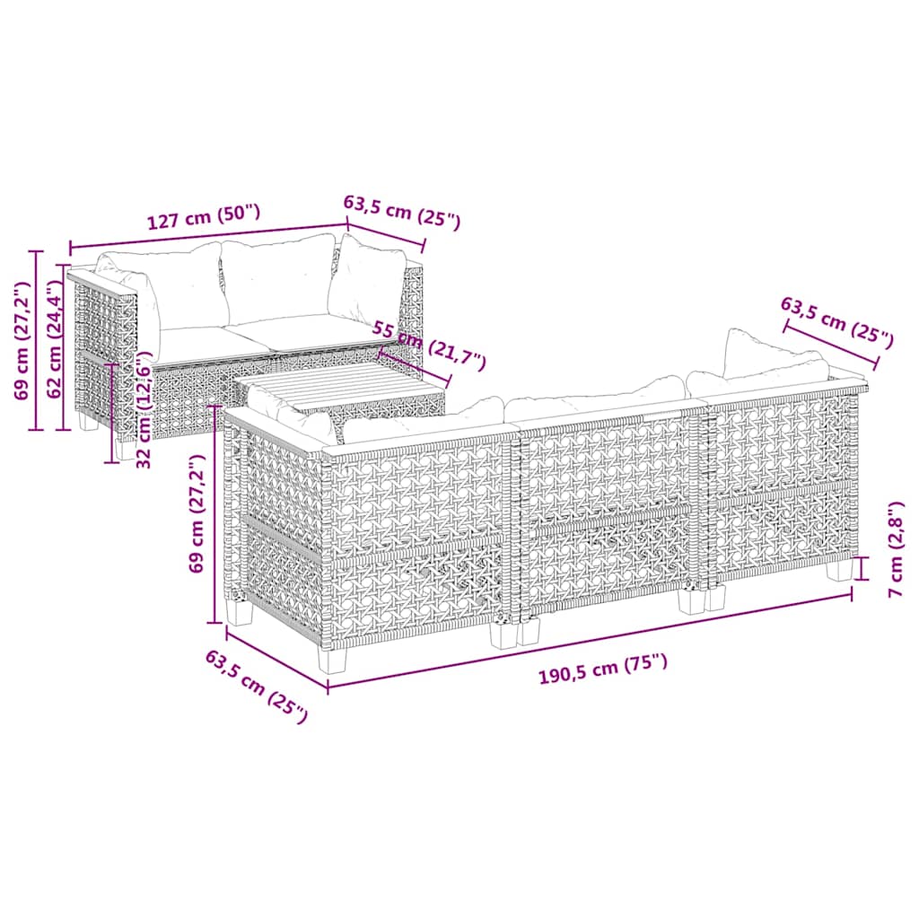 6-Tlg. Garten-Sofagarnitur Mit Kissen Poly Rattan