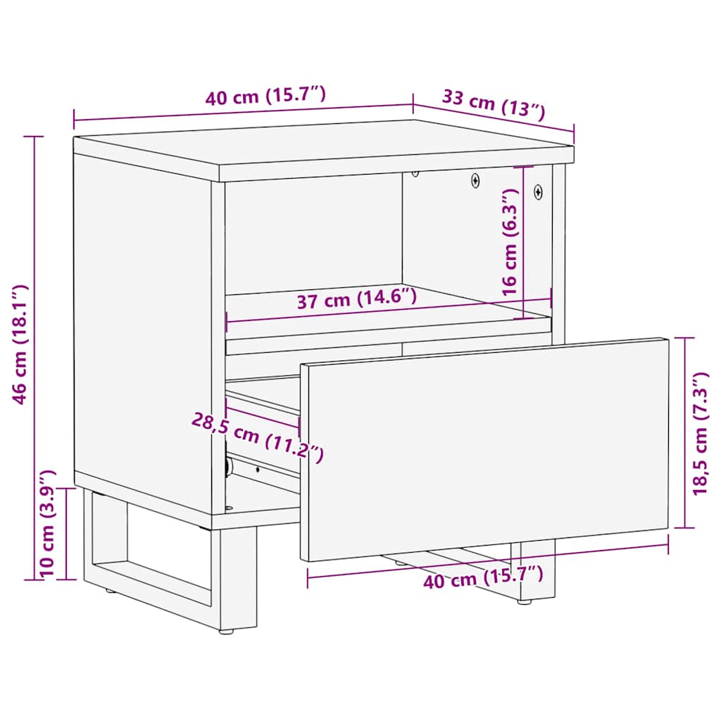 Nachttisch Schwarz 40X33X46 Cm Massivholz Mango
