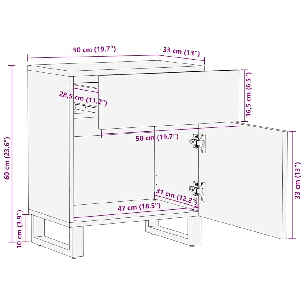 Nachttisch Schwarz 50X33X60 Cm Massivholz Mango Weiß