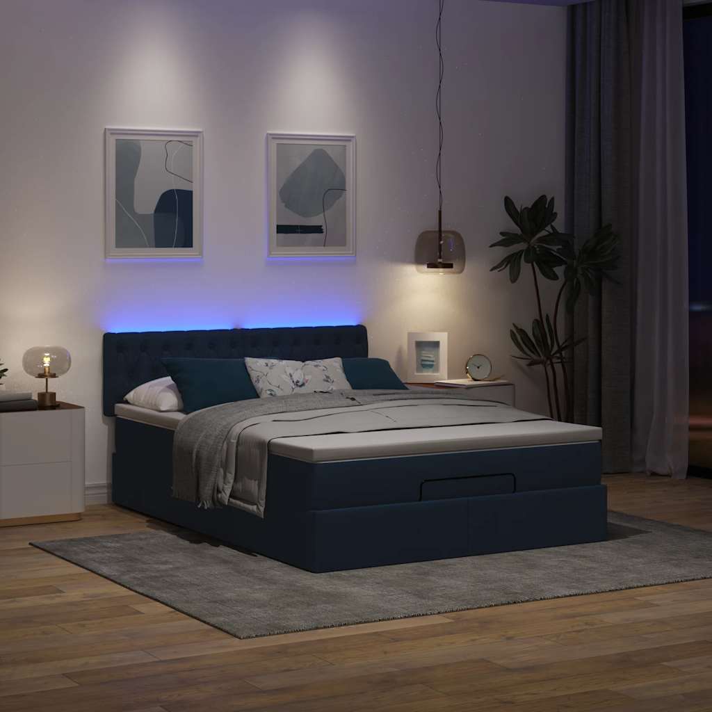 Ottomane Bett Mit Matratze & Leds Stoff Blau