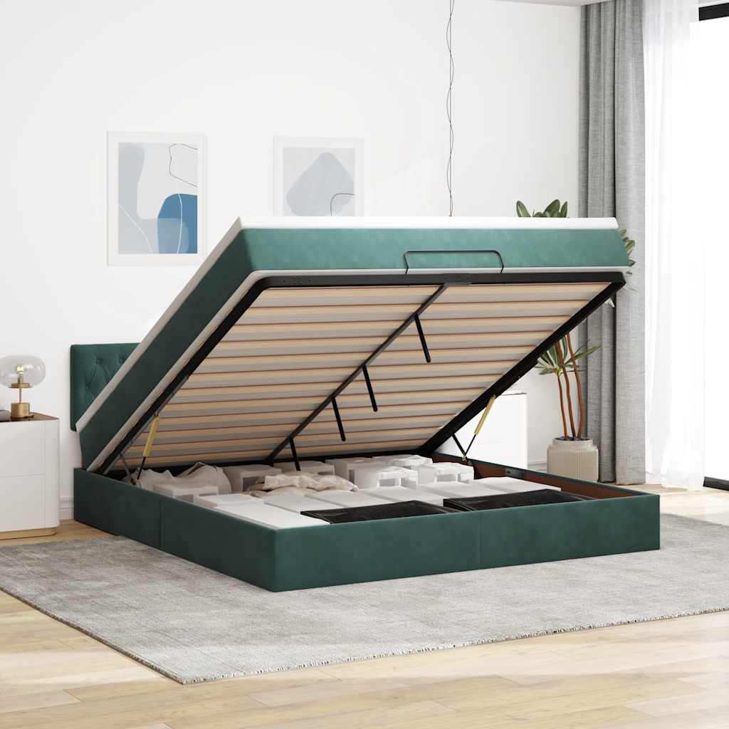 Ottoman-Bett Mit Matratze & Leds Samt Dunkelgrün