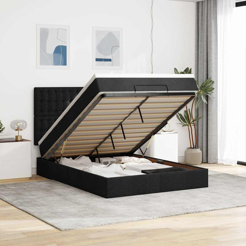 Ottoman-Bett Mit Matratze & Leds Stoff Schwarz