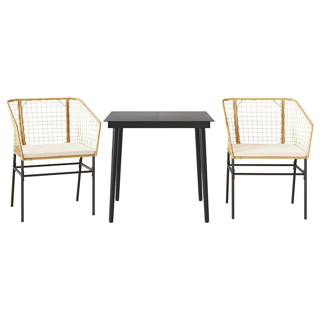 3-Tlg. Garten-Essgruppe Mit Kissen Braun Poly Rattan Glas