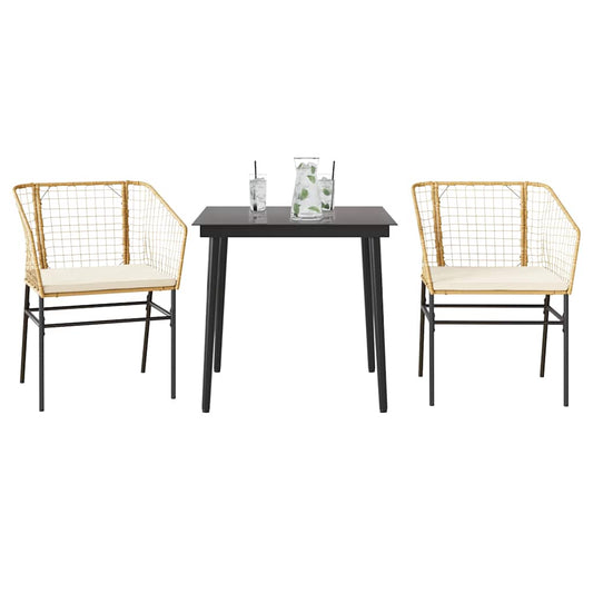 3-Tlg. Garten-Essgruppe Mit Kissen Braun Poly Rattan Glas